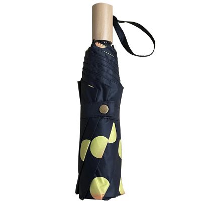 Wooden Handle Black Plastic Wave Point Tri-Fold Umbrella (4)